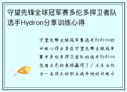 守望先锋全球冠军赛多伦多捍卫者队选手Hydron分享训练心得