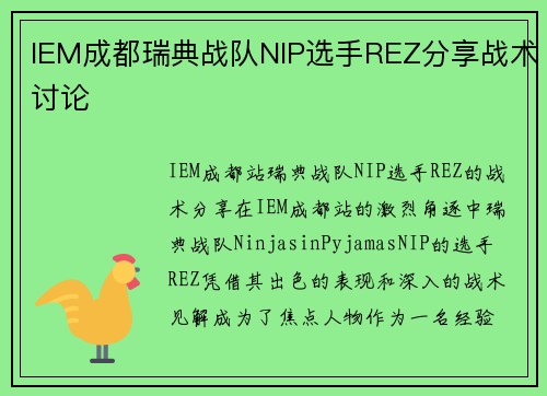 IEM成都瑞典战队NIP选手REZ分享战术讨论