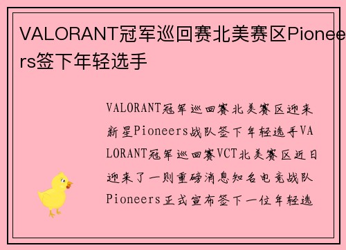 VALORANT冠军巡回赛北美赛区Pioneers签下年轻选手